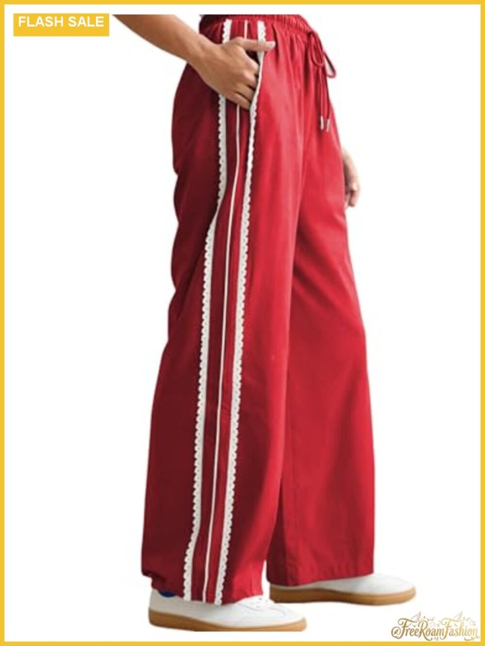 Wide Leg Side Stripe Crochet Track Pants with Pockets